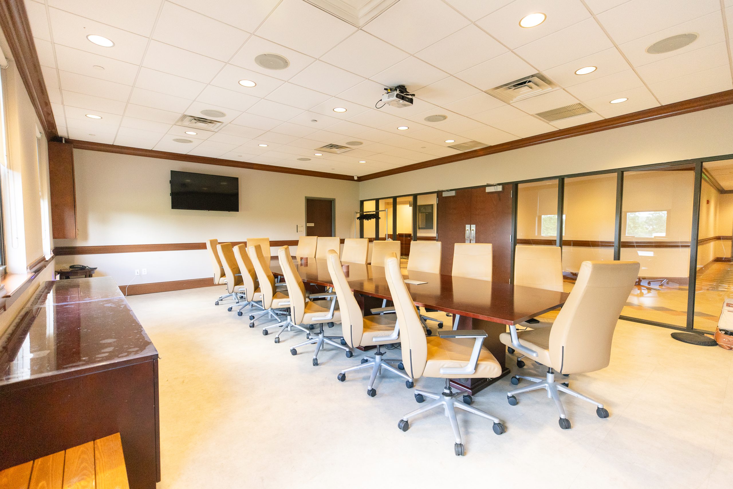 The conference room set for a meeting at The Clubhouse at Galloping Hill in Kenilworth, New Jersey